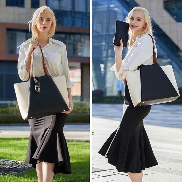 Laptop Tote for Women - 15.6 Inch Faux Leather Laptop Bag with Clutch, Large Cap - Picture 6 of 8